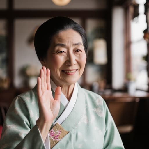 70대 한국인 여성이 전통 한복을 입고, 손을 들어 인사하며 따뜻한 미소를 짓고 있는 모습이 한국적인 장식이 있는 아늑한 카페에서 포착되었습니다.