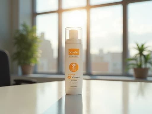 현대적인 사무실 배경에 놓인 세련된 유리 디자인의 자외선 차단제로, 큰 창문을 통해 자연광이 비추며 부드러운 그림자와 미세한 반사를 만들어내는 밝고 전문적인 분위기.