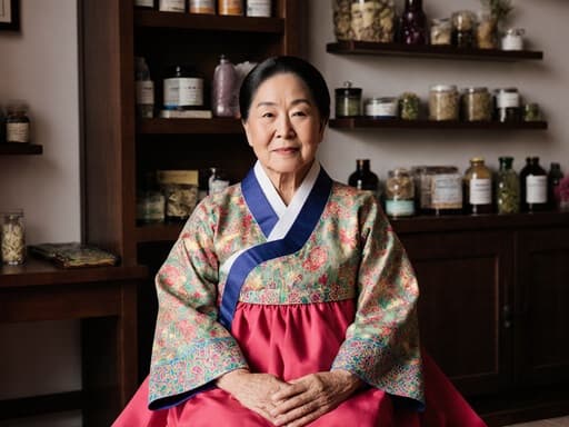 60대 라틴계 여성이 전통 한복 스타일의 의상을 입고 차분한 표정을 지으며 크로스 레그로 앉아 있는 반신 촬영. 배경은 전통 장식과 한방 약재가 진열된 편안한 분위기의 한의원 내부로, 그녀의 의상과 표정이 조화를 이루는 따뜻하고 초대하는 느낌을 제공합니다.