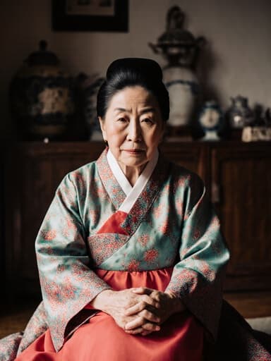70세 한국인 여성이 화려한 전통 한복을 입고 아늑한 거실 바닥에 앉아 무릎을 감싸며 지루한 표정을 지으며 생각에 잠겨 있습니다. 방은 전통 한국 소품으로 장식되어 있어 따뜻하고 진정한 분위기를 만들어냅니다.