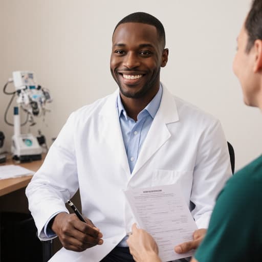 30대 아프리카계 남성 의사가 흰색 의사 가운을 입고 밝게 미소 지으며 환자와 상담하는 모습의 반신 촬영. 한 손에 처방전을 들고 있으며, 배경은 책상과 의료 장비가 있는 전형적인 의사 사무실을 보여줍니다. 전문적이고 친근한 분위기를 전달합니다.