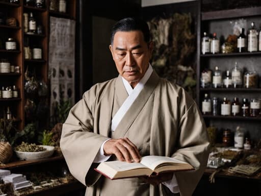 50대의 흑인 남성이 전통적인 한복과 긴 겉옷을 입고 진지한 표정으로 반신 촬영된 모습입니다. 그는 한 손으로 책을 들고 다른 손으로 책장을 넘기고 있으며, 다양한 약재가 가지런히 놓인 한약 조제실을 배경으로 전통 의학의 본질을 잘 표현하고 있습니다.