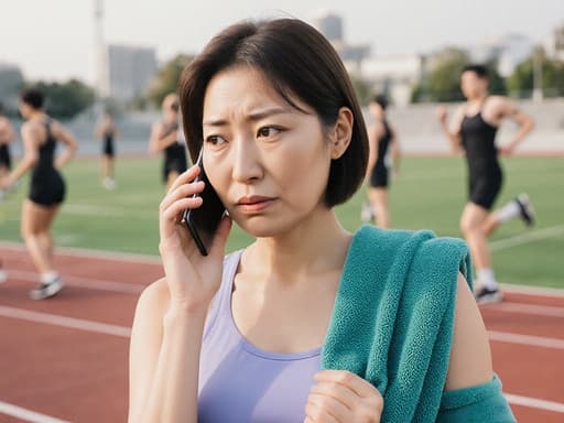 30대 한국인 여성의 반신 사진으로, 자연스러운 외모를 가진 그녀는 편안한 운동복과 운동화를 착용하고 있습니다. 그녀는 전화기를 귀에 대고 약간 걱정스러운 표정을 지으며, 한 손에는 팔에 걸린 운동 타올을 쥐고 있습니다. 배경에는 다른 운동선수들이 훈련하는 운동장이 펼쳐져 있어, 역동적이고 활기찬 분위기를 조성합니다.