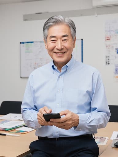 60대 한국인 남성이 깔끔한 셔츠와 정장 바지를 입고, 디자인 도구를 사용하기 위해 전화를 들고 있는 반신 사진입니다. 부드러운 미소를 지으며 편안한 감정을 표현하고 있으며, 모던한 디자인 회의실의 화이트 보드와 디자인 자료들이 배경에 있어 창의적이고 전문적인 분위기를 잘 담고 있습니다.