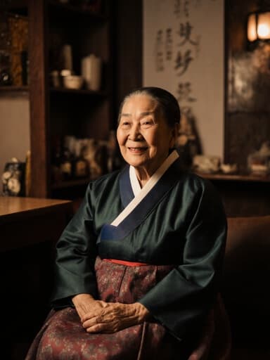 이 이미지는 전통 한복을 입은 80대 아시아계 여성이 아늑한 카페에서 크로스 레그로 앉아 만족스러운 표정으로 이야기를 나누고 있는 모습을 담고 있습니다. 카페의 따뜻한 조명이 문화적 분위기를 강조하여 장면을 초대하고 전통적인 느낌이 풍부하게 만들어줍니다.