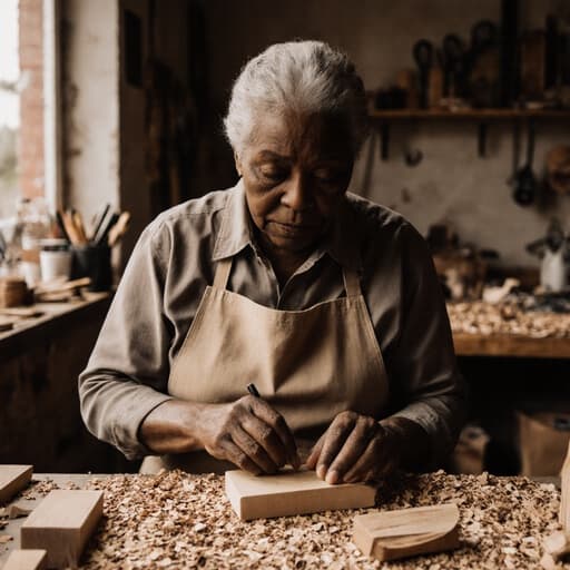60대 아프리카계 여성의 반신 사진으로, 편안한 작업복과 앞치마를 착용하고 작업대에 앉아 목재를 다듬고 있는 모습입니다. 주변에는 도구와 나무 조각들이 흩어져 있으며, 제작의 고요하고 집중된 분위기를 전달합니다.