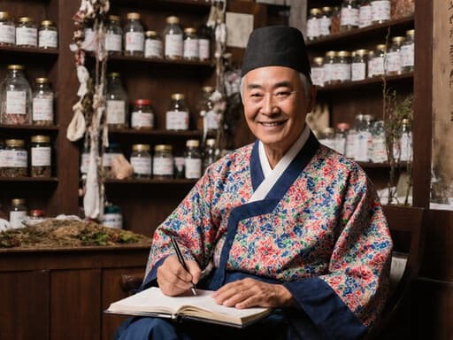 60대 아프리카계 남성이 전통 한복을 입고, 노트에 진단 내용을 기록하며 미소 짓고 있는 반신 사진. 배경은 전통 한약재와 치료 도구로 꾸며진 아늑한 한의원 내부로, 따뜻함과 친근함이 느껴집니다.