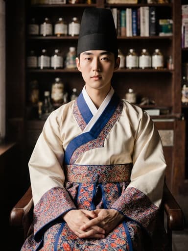전통 한복을 입은 10대 초반의 동양인 남성이 전통 한의원 내부에서 차분한 표정을 지으며 무릎 위에 손을 자연스럽게 놓고 앉아 있는 반신 촬영입니다. 배경에는 한약재와 서적들이 진열된 선반이 있어 조화롭고 따뜻한 분위기를 자아냅니다.