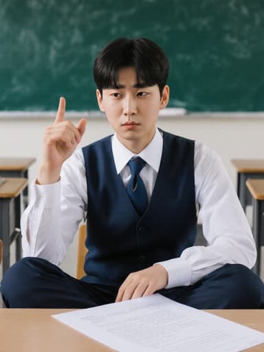 10대 초반의 한국인 남성이 학교 교복을 입고 교실의 책상에 걸터앉아 시험지를 가리키며 걱정스러운 표정을 짓고 있습니다. 배경에는 칠판과 책상이 있어 학교 생활과 학업의 압박을 잘 담고 있습니다.