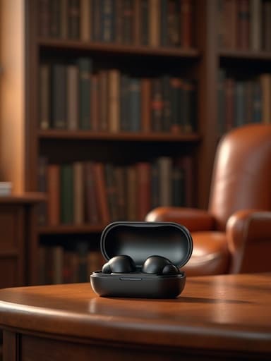 클래식 도서관 배경의 무선 이어폰, 따뜻한 환경 조명, 나무 책장, 가죽 안락의자, 부드러운 그림자, 다듬어진 표면, 세밀한 디테일, 지적이고 평화로운 분위기.