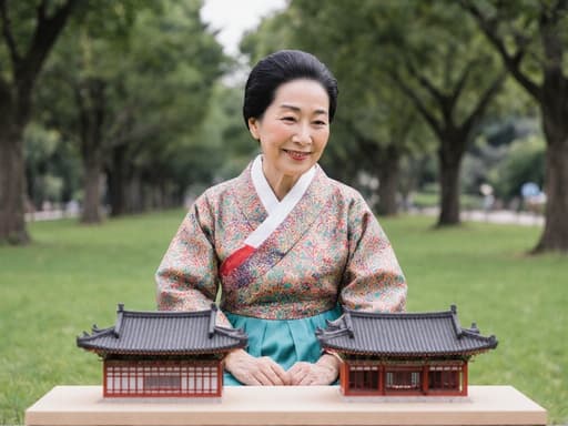 평온한 표정의 80대 아시아계 여성가 전통 한복을 입고 아름다운 공원에서 앉아 전통 건축 모델을 감상하고 있으며, 푸른 잔디와 나무들로 둘러싸여 있습니다.