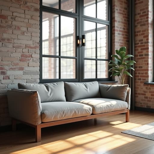 로프트 스타일 아파트에 있는 현대적인 소파, 노출된 벽돌 벽, 아늑한 분위기