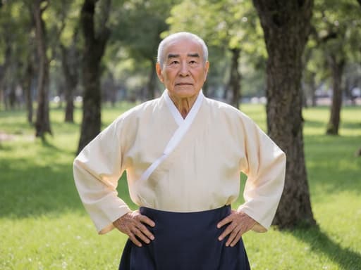 전통 한복을 입은 70대 동양인 남성이 조용한 공원에서 손을 허리에 얹고 있는 반신 샷입니다. 지루한 표정을 짓고 있으며, 푸른 잔디와 나무들이 어우러져 평화롭고 문화적으로 풍부한 장면을 만들어냅니다.