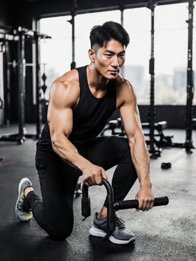 30대 아시아계 남성이 트렌디한 스포츠웨어와 운동화를 착용하고 운동용 장비를 들고 활기찬 표정을 지으며 반신을 촬영한 이미지입니다. 그의 생동감 넘치는 표정은 헬스와 에너지를 반영하며, 다양한 운동 도구가 있는 스포츠 센터의 훈련 공간이 배경으로 설정되어 있습니다.