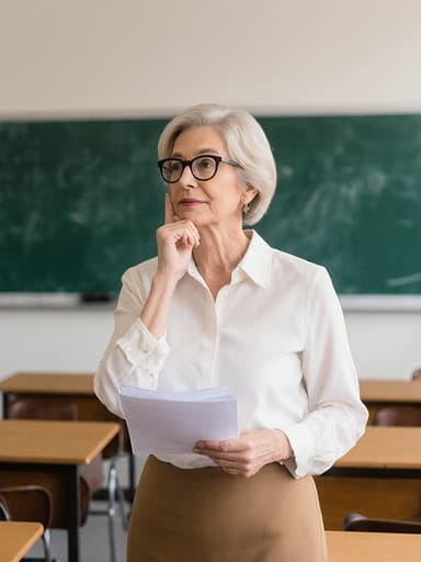 50대의 여성이 반신 촬영으로 포착되어 강의 자료를 들고 고민하는 모습입니다. 편안한 블라우스와 스커트를 착용하고 세련된 안경을 쓴 그녀는 깨끗한 강의 공간에서 칠판과 책상 앞에 서 있으며, 깊은 생각에 잠긴 모습과 집중하는 분위기를 드러냅니다.