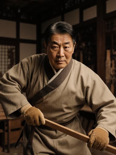 50대 한국인 남성이 전통 작업복과 장갑을 착용한 채, 전통 목공 예술을 전시하는 갤러리에서 목재를 들고 점프하는 모습의 풀바디 샷입니다. 그는 차분한 표정을 지으며 자신의 작업에 대한 집중과 열정을 전달하고 있으며, 주변에는 우아한 목공 예술품들이 전시되어 있습니다.