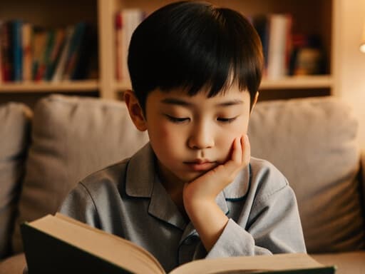 편안한 파자마를 입은 귀여운 7세 남성 동양아이가 등장하는 반신 촬영입니다. 그는 한 손에 책을 들고 졸린 표정으로 바라보며, 다른 손은 턱을 괴고 있습니다. 아늑한 거실 배경에는 소파와 책장이 보이며 따뜻한 조명 아래에서 포근한 분위기를 연출합니다. 아이의 자연스러운 자세와 책과의 상호작용이 차분하고 편안한 느낌을 전달하여, 어린 시절의 평화로운 순간을 잘 포착한 완벽한 이미지입니다.