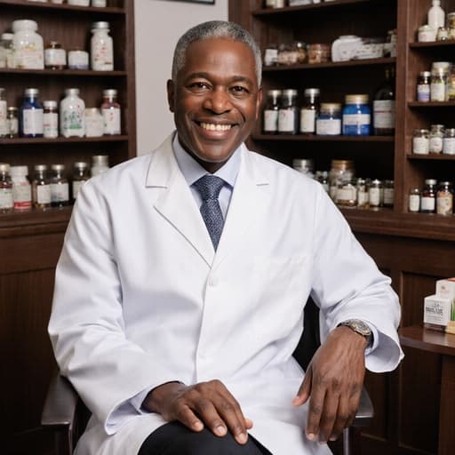 50대 아프리카계 남성 의사가 전통 흰색 의사복을 착용하고 편안하게 앉아 밝은 미소를 지으며, 환자에게 친근한 인상을 주는 반신 사진. 배경은 다양한 한약재와 치료 도구로 가득한 전통 한의원 내부로, 보살핌과 전문성의 분위기를 더합니다.