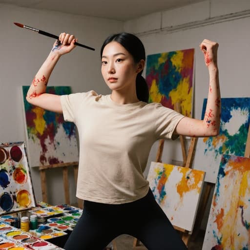 10대 후반의 동양인 여성의 반신 사진으로, 팔꿈치에 붓을 쥐고 팔을 쭉 뻗으며 자신감 넘치는 모습입니다. 편안한 티셔츠와 레깅스를 입고, 팔에는 페인트 얼룩이 묻어 있습니다. 배경은 다양한 색상의 물감과 미완성 작품들이 걸린 화실로, 영감을 주는 예술적인 분위기를 자아냅니다.