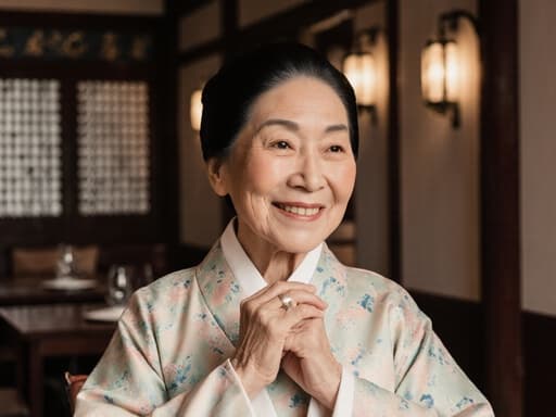 이 이미지는 전통 한복을 곱게 차려입고 자연스럽게 미소를 짓고 있는 80대 한국인 여성의 모습을 담고 있습니다. 그녀는 전통 건축이 잘 보존된 카페의 내부를 감상하며 소매를 살짝 잡고 편안한 기분을 느끼고 있습니다. 따뜻하고 아늑한 분위기 속에서 그녀의 모습이 돋보입니다.