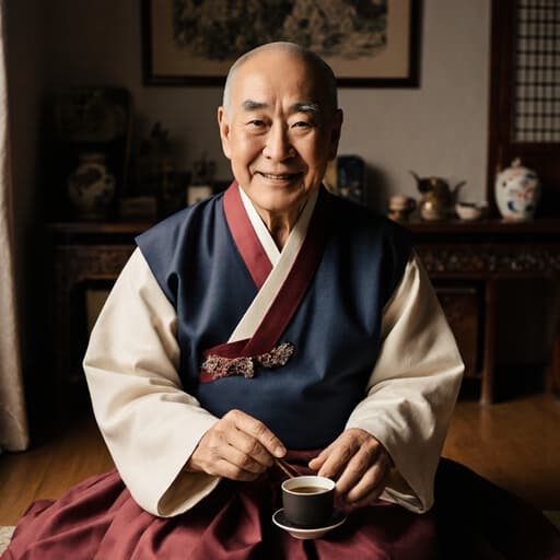 70대의 혼혈 남성이 전통 한복을 입고 따뜻하게 미소 지으며 전통 다기를 다루고 있는 모습의 반신 초상입니다. 아늑한 거실에는 전통 소품들이 배치되어 있어 문화적인 분위기를 잘 전달합니다.