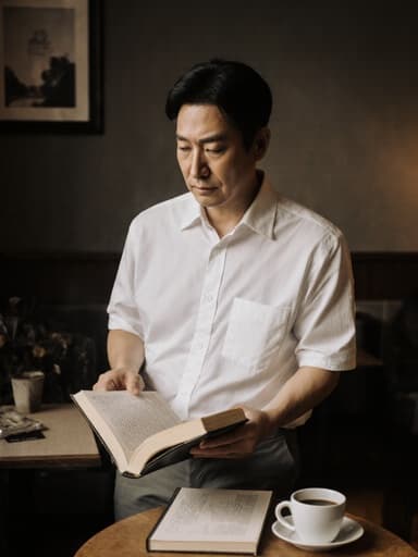 40대 한국인 남성이 깔끔한 셔츠와 캐주얼 바지를 입고, 아늑한 카페 테이블에서 커피 컵 옆에 놓인 책의 페이지를 넘기며 약간 지루한 표정을 짓고 있는 모습입니다.