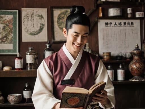 전통 한복을 입은 10대 후반의 백인 남성이 따뜻한 조명이 비추는 한의원에서 자신감 있게 서 있으며, 한의학 관련 책을 읽으며 매력적인 미소를 짓고 있습니다. 주변에는 전통적인 한약 도구와 차트가 놓여 있습니다.