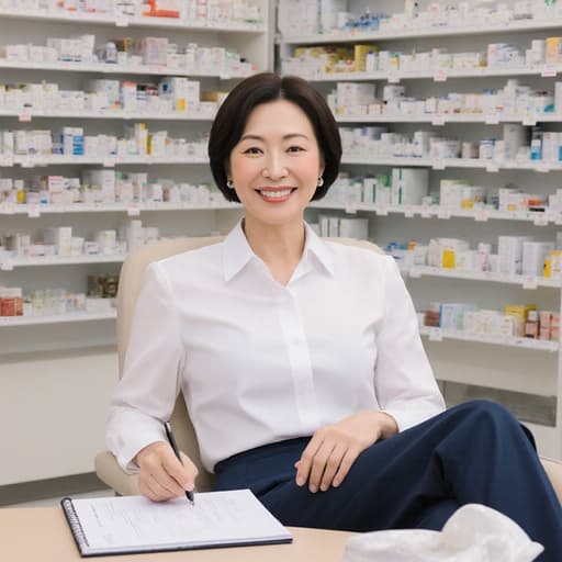 자신감 있는 50대 한국인 여성이 깔끔한 블라우스와 정장 바지를 입고 약국의 테이블 위에서 약물 상담 책자를 읽고 있습니다. 정돈된 약품이 진열된 배경 속에서 따뜻한 미소와 자신감 넘치는 태도가 전문적인 분위기를 자아내며 부드러운 자연광이 그녀의 모습을 더욱 돋보이게 합니다.