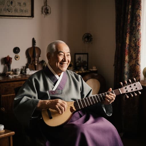 70대 혼혈 남성이 전통 한복을 입고 따뜻한 조명이 비치는 거실에서 전통 악기를 즐겁게 연주하는 모습의 반신 촬영.