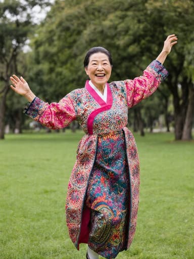 화려한 전통 한복을 입고 행복한 미소를 지으며 경쾌하게 춤추며 점프하는 80대 혼혈 여성의 반신 사진. 배경은 푸른 잔디와 나무로 가득한 평화로운 공원입니다.