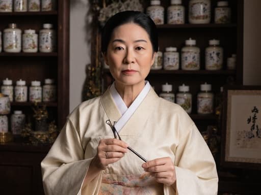 이미지에는 60대 아시아계 여성의 반신 촬영이 담겨 있으며, 그녀는 화려한 한복을 입고 진지한 표정으로 서 있습니다. 전통 한의원 내부에서 침술 도구를 들고 있으며, 한약재와 전통적인 인테리어가 배경으로 어우러져 전문성과 문화적 의미를 전달합니다.