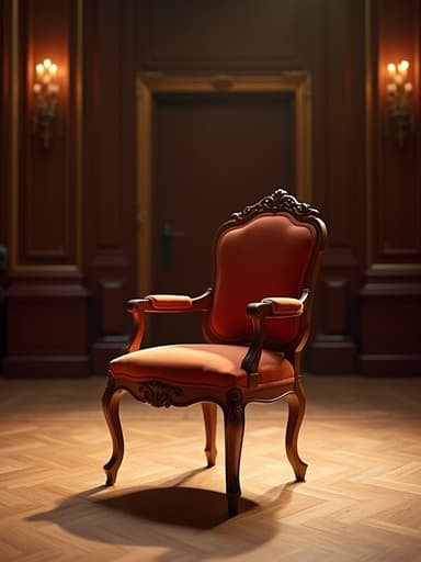우아한 인테리어 의자, 목재 및 직물 소재, 클래식 오케스트라 홀 중앙에 배치, 부드러운 자연 조명, 풍부한 질감, 광택 나는 목재 바닥, 섬세한 그림자, 높은 세부 묘사, 사진처럼 사실적, 4K