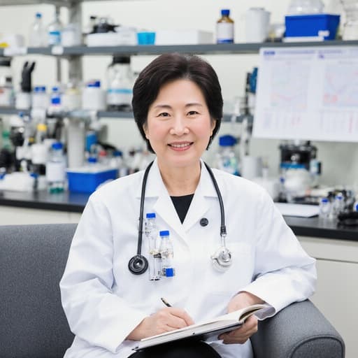 50대 여성 한국인이 자연스러운 외모를 가진 반신 샷으로, 깔끔한 실험실 분석실의 소파에 편안하게 앉아 있습니다. 그녀는 목에 실험 도구를 걸고 화이트 실험복을 입고 있으며, 실험 노트를 들고 자연스러운 미소를 지으며 주변의 실험 기구와 데이터 차트가 그녀의 연구 역할을 강조합니다.