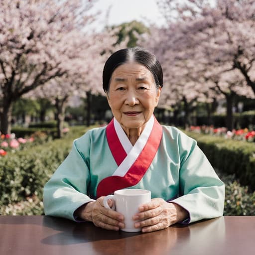 전통 한복을 입은 80대 혼혈 여성의 반신 사진, 테이블에 앉아 컵을 들고 있습니다. 피곤하지만 따뜻한 미소를 지으며, 나무와 꽃으로 가득한 평화로운 공원 배경을 가지고 있습니다.