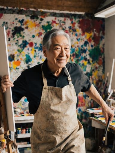 60대 아시아계 남성의 전신 사진으로, 자연스러운 외모를 지닌 우아한 모습입니다. 편안한 작업복과 화려한 페인팅 앞치마를 착용하고 있으며, 붓을 들고 캔버스를 향해 달려가는 듯한 역동적인 자세를 취하고 있습니다. 그의 표정은 창작의 기쁨을 드러내며, 배경은 다양한 색의 물감과 예술 도구들이 어지럽게 놓여 있는 창작 공간으로, 영감을 주는 분위기를 연출하고 있습니다.