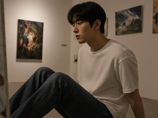 아틀리에에 앉아 있는 10대 후반의 한국인 남성이 편안한 티셔츠와 청바지를 입고, 다리를 뻗고 지루한 표정으로 그림을 바라보고 있습니다. 배경은 다양한 그림들이 걸린 부드럽게 조명된 벽으로 예술적이고 아늑한 분위기를 연출하고 있습니다.