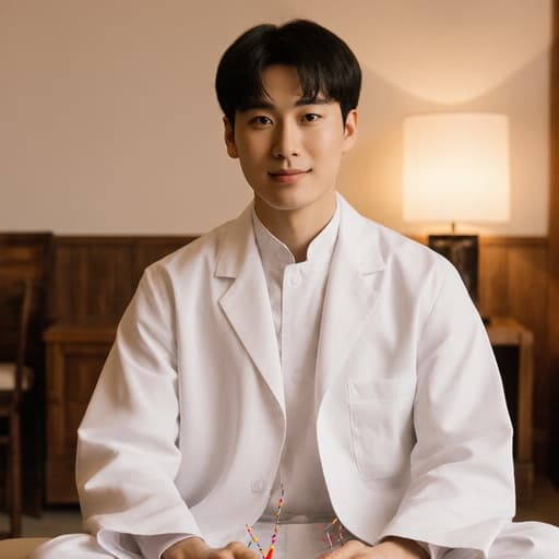 전통 의사 복장을 입고 크로스 레그로 앉아 긍정적인 표정을 짓고 있는 10대 후반 유럽계 남성 모델이 아늑하고 잘 조명된 치료실에서 뜸 치료 도구를 손에 들고 있습니다.
