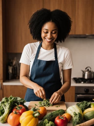 30대 혼혈 여성이 세련된 주방용 앞치마와 편안한 복장을 입고, 아늑한 현대식 주방에서 신선한 재료를 행복하게 손질하고 있습니다. 자연스러운 외모와 편안한 표정이 따뜻한 분위기를 자아내며, 즐거운 요리의 본질을 포착합니다.