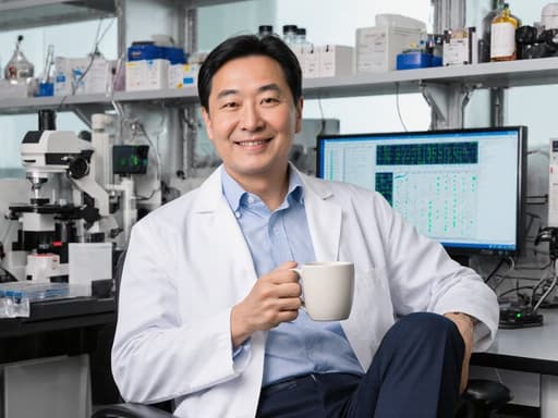 현대적인 분석실에서 과학 기구와 데이터 분석 도구로 가득 찬 곳에서 커피 컵을 들고 편안하게 미소 짓고 있는 40대 동양인 남성 모델의 모습.