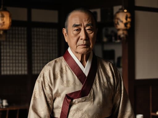 70대 한국 남성이 고급스러운 전통 한복을 입고 아늑한 카페에서 천천히 걸어가고 있으며, 그의 표정은 외롭고 약간 슬픈 감정을 드러내고 있습니다. 카페의 전통적인 장식들이 아늑한 분위기를 만들어 줍니다.