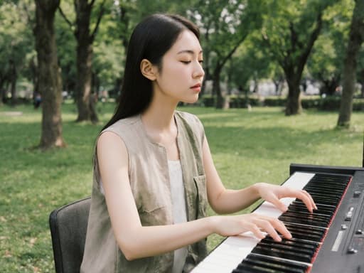 20대 한국인 여성이 자연스럽고 스타일리시하게 악기를 연주하며 공원의 테이블에 앉아 음악에 몰입하고 우아한 표정을 짓고 있는 모습, 자연의 평화로운 정수를 담고 있습니다.