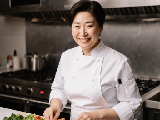 50대 한국인 여성이 흰색 앞치마를 착용하고 요리를 즐기고 있는 모습입니다. 그녀는 따뜻한 주방에서 재료를 손에 들고 있으며, 배경에는 오븐이 보입니다. 요리에 대한 열정을 드러내며 평온하고 매력적인 분위기를 자아냅니다.
