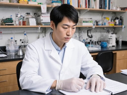 이미지는 화이트 실험복과 장갑을 착용한 30대 아시아계 남성이 실험대에 앉아 있는 반신 샷을 담고 있습니다. 그는 무관심한 표정으로 노트를 살펴보며, 교실 배경에는 책과 실험 기구들이 배치되어 있어 진지한 학문적 분위기를 강조합니다.