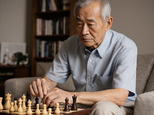 70대 아시아계 남성이 자연스러운 주름이 있는 얼굴을 가진 채 캐주얼한 셔츠와 면 바지를 입고 아늑한 거실 바닥에 앉아 체스판을 바라보며 손가락으로 체스말을 만지고 있습니다. 지루한 표정을 지으며 다음 수를 고민하는 모습이 따뜻한 분위기의 방에서 잘 드러납니다.