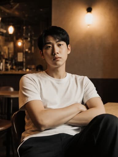 10대 초반의 동양인 남성이 편안한 티셔츠와 운동복 바지를 입고 아늑한 카페에 서 있습니다. 그는 의자에 기대어 팔짱을 끼고 피곤하지만 희망적인 표정을 지으며 눈빛에 낙관적인 느낌이 드러납니다. 카페의 따뜻한 조명이 아늑한 분위기를 만들어 전체적인 이미지의 느낌을 향상시킵니다.