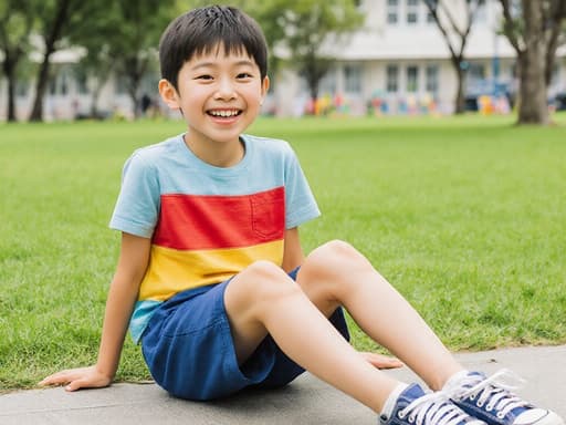 7세 한국 남성이 귀엽고 밝은 외모로 반신 촬영되었고, 유치원 가는 길을 기다리며 다리를 뻗고 앉아 있습니다. 화사한 색상의 티셔츠와 반바지, 운동화를 착용하고 있으며, 즐거운 표정으로 환하게 웃고 있습니다. 배경은 푸른 잔디와 나무가 있는 공원으로, 멀리 유치원 건물이 보이며, 학교 가는 설렘을 강조하는 생기 넘치고 기쁜 분위기를 자아냅니다.