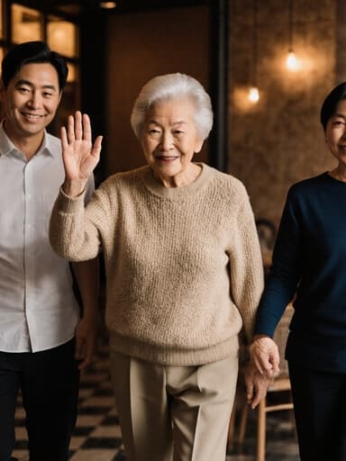 80대 동양인 여성의 전신 샷으로, 자연스러운 외모를 가진 모습입니다. 편안한 니트 스웨터와 슬랙스를 착용하고 있으며, 고마운 미소를 짓고 가족과 함께 따뜻한 카페에서 걷고 있습니다. 손을 살짝 흔들며 인사하는 모습이 가족 간의 아름다운 연결 순간을 포착하고 있습니다.