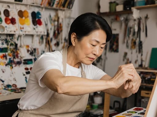 50대 아시아계 여성의 반신 사진으로, 편안한 작업복과 앞치마를 착용하고 팔을 쭉 뻗으며 긴장한 표정을 지으며 창작에 몰입하는 모습이 아늑한 스튜디오의 예술적인 도구와 화구로 둘러싸여 있습니다.