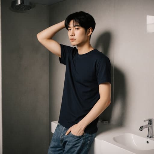 현대적인 화장실에서 촬영된 10대 후반 아시아계 남성이 캐주얼한 티셔츠와 청바지를 입고 있습니다. 그는 약간 지루한 표정을 짓고 있으며, 한 손은 머리에 얹고 다른 손은 허리에 두고 편안한 분위기를 만들어냅니다. 화장실의 현대적인 디자인이 전체 이미지의 분위기를 보완합니다.
