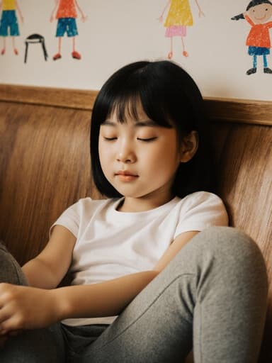 아늑한 카페에서 편안한 티셔츠와 레깅스를 입고 있는 7세 아시아계 여성의 반신 샷. 그녀는 자연스럽게 앉아 스트레칭하며 졸린 표정을 짓고 있고, 벽에는 아동용 그림이 걸려 있어 따뜻한 분위기를 자아냅니다.